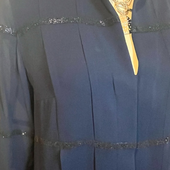 AKRIS Elegant Navy Mulberry Silk Blouse with Black Swarovski Jewel Trim, size 6 - Picture 2 of 13